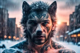 double exposure, Wolf Man, man, city, sunset, snow, rain, fantasy, mystical, tattoo, vertical pupils, high detail, high resolution, 8K