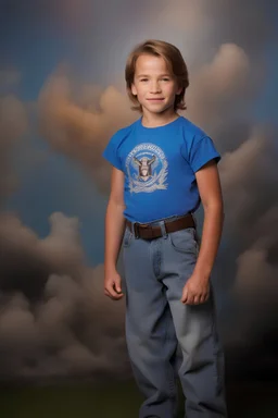 facial portrait - 10-year-old Arnold Schwarzenegger is posing for his school picture flexing like a bodybuilder - Sparkling, Sky blue Background, professional quality studio 8x10 UHD Digital photograph by Scott Kendall - multicolored spotlight, Photorealistic, realistic stock photo, Professional quality Photograph. colored Fog