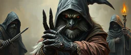 master oil painting with some air brush, fluffy human thief ninja hyena merchant sailor priest realistic and creepy, with gauntlets , straight from the lich lab, in the style of Escher and Titian