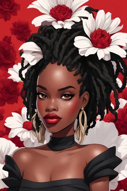 create a magna cartoon style image with exaggerated features, 2k. with a black woman wearing a black off the shoulder blouse, ombre dread locs, background of white, black and red large flowers