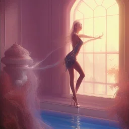 beautiful girl with very nice fashion clothing ,pretty high heels,standing next to window in a luxury room in a modern city posing to camera,full body show, 8k resolution concept art portrait hyperdetailed intricately detailed Splash art trending on Artstation triadic fullbody portrait paint, very beautiful woman playing in water on very lux grand pool of a very modern villa ,sunset Light, dynamic, highly detailed, photo