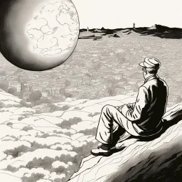 a alone man. pen and ink, birds eye view, illustrated by hergé, Background space and earth