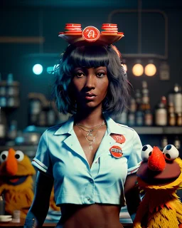 hybrid character, waitress sexy woman with monster muppet mask that covers her entire head, Sesame Street style, short shirt, tray, beer, old school tattoo, retro style, hot, smooth, unreal engine 5, god lights, ray tracing, RTX, lumen lighting, ultra detail, volumetric lighting, 3d.