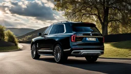 A sleek rear view of (((a cross of bmw and rollsroyce cullinan))), on street, with hill and trees around, a beautiful clouds and sunny weather, 4K, Superdetailed, No mistakes