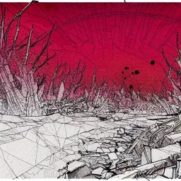  line Art coloured, destroyed, post apocalyptic, darkred tones,