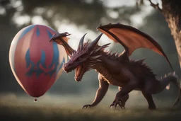 Photoreal gorgeous dragon-shaped baloon by lee jeffries, otherworldly creature, in the style of fantasy movies, photorealistic, shot on Hasselblad h6d-400c, zeiss prime lens, bokeh like f/0.8, tilt-shift lens 8k, high detail, smooth render, unreal engine 5, cinema 4d, HDR, dust effect, vivid colors