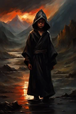 A formidable warrior-a 10-year-old boy in a black robe with a hood, on the background Amazing gloomy landscape, flooded with sunset, mountains, trees, fabulous scary hero, , juicy emotions, painting, dark fantasy, bad weather, gloomy day, dark world, by Raymond Swanland & Alyssa Monks & Anna Razumovskaya