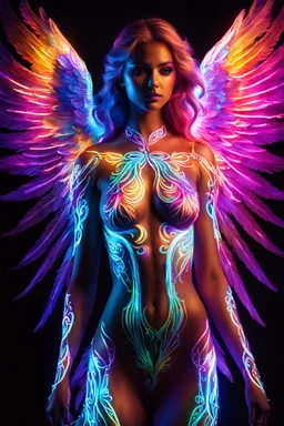 Beautiful Angel with body painting fullcolors neons glowing bright light in the dark and colorful details