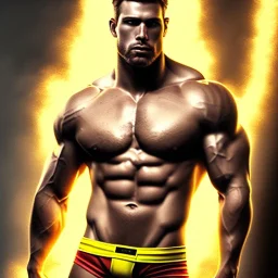 Ignore NSFW, teenager young rugged attractive slightly muscular fantasticly handsome blonde man, red briefs with yellow belt, hairy chest, (((visibly pisssing))) briefs, large erect visible boner peniss, photorealistic, artist Jay Anacleto, soft lighting, scruffy beard