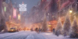 big city in christmas night, snow flakes, many three, Christmas decoration, Christmas light