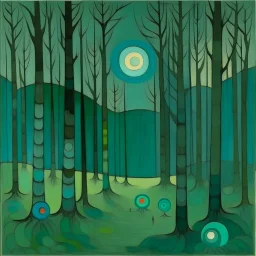 A grayish cyan magic forest with mystical rings painted by Alexej von Jawlensky