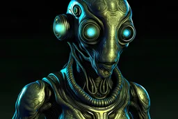 xylok an alien race, with metallic, intricately patterned skin resembling a live circuit board. His eyes glow with a soft blue light, and he's often seen in a jumpsuit covered in oil stains. toaster