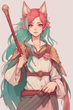 Teenaged Female kitsune paladin/bard with red, teal, and pink hair