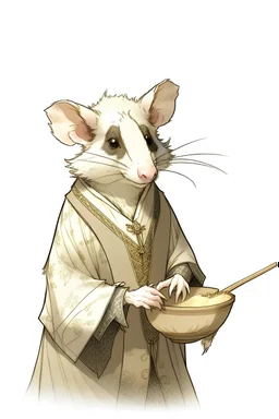 A drawing of an opossum in a male medieval maid outfit