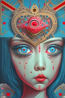 Artwork entitled "Stop AI Censorship" depicting an AI girl with a third eye and a heart; neo-surrealism.