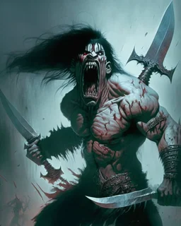 cursed apocaliptic screaming scary zombie human berserker meaty black hair big greatsword