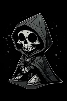 funko skeleton in a black hooded cloak drawn in a retro mascot style, inside a light diamond shape on a black background, monochromatic