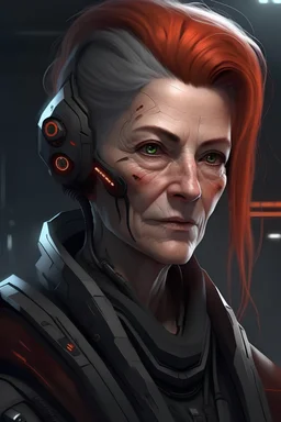 Cyberpunk middle age woman grizzled veteran cybernetic augments red hair grey eyes retired greying
