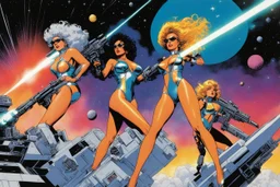 Original Art by Howard Chaykin (Vortex Comic, 1988): Three powerful women in metallic, futuristic bikinis engage in a dynamic laser blaster battle on a space platform. The artwork is rendered in a vibrant, vintage comic book style with psychedelic colors, retro spaceships, and cosmic explosions.
