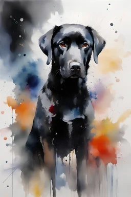 A portrait of black Labrador by Willem Haenraets, watercolor, on watercolor paper, wet on wet and splattering techniques, centered, perfect composition, abstraction, surrealism