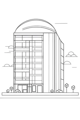 future STAR hotel, flat vector, full view, only draw lines, clean line art, –no sketch, white background, minimalistic black lines, minimal black color, coloring page, thin black line art, perfect shape, perfect clear lines,