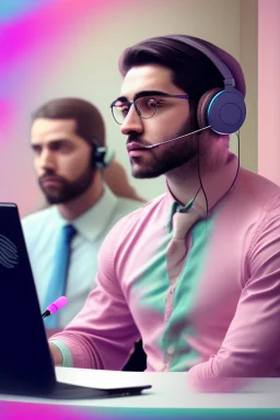 A simultaneous interpreter is sitting at a table with headphones with a microphone at a foreign briefing, the background is blurred, everything is in pastel colors,