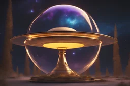 fine golden flying saucer traveling in the galaxy, transparent, amethyst crystal with lights, starry sky, finely tuned detail, ultra high definition, 8 k, unreal engine 5, ultra sharp focus,