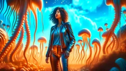 woman with black hair, in brown leather trousers and jacket, walking through Alien mushrooms with jellyfish tentacles in an alien forest, photorealistic, Deep Colour, Intricate Detail, sunshine, blue sky