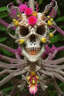 Elaborate skeleton lattice with multicolored blooming alien flowers growing through it.