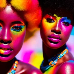 masterpiece, best quality, woman, dark skinned, sparkling eyes, fluorescent skin, colorful makeup, afro, highly detailed body, sun light, 4K, RAW, depth of field, high contrast, realistic details, 24mm