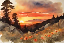 Amazing beautiful sunset, flowers, rocks, countryside, mountains, trees, sci-fi, fantasy, epic, winslow homer watercolor paintings