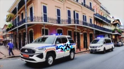 A police Tesla Cybertruck is chasing a Tesla 'Model S Plaid' at top speed, across the 'French Quarter' in New Orleans, Louisiana. CINEMATIC. WIDE ANGLE LENS.