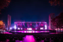 a big open empty disko stage in modern city in a very big square in midnight , at distance,cloudy sky .