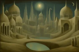 a surreal noctilucent city with arches, domes and rivers by artist "Leonora Carrington",by artist "Agostino Arrivabene",by artist David Inshaw"