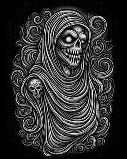 Halloween Ghost tattoo design, traditional tattoo style, t-shirt design, fantasy art, digital painting, clean dark background, 8K