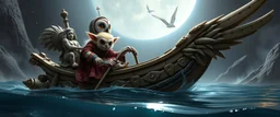 a blonde fluffy quickling kobold that looks like the opposite of a vampire in bunad leaning on statue of twister interdimensional sci fi boat gliding through space waters under the biggest owl