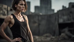 beautiful slender caucasian female technician with a knife, looking away from camera, black tank top, well toned muscles, weathered face, scratched sand camo metal details, short brunette wavy bob haircut, dystopian brutalist city scene