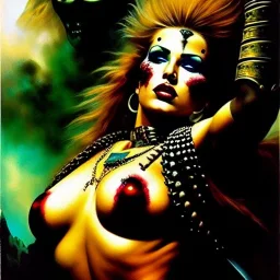 portrait oil on canvas, beautiful punk busty female Savage Barbarian Warrior,green eyes, ,minimal armor,comic book cover, mystical colors,insanely detailed,realistic,intrincate detail, 16k resolution, masterpiece,Frank Frazetta,Alex Horley, Simon Bisley