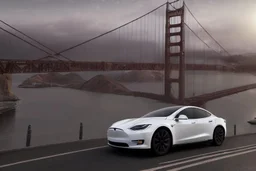 A Tesla 'Model Y' is parked, on the 'Golden Gate' bridge. (CINEMATIC, WIDE ANGLE LENS, PHOTO REAL)