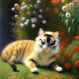 monet style, siamese cat, pets, dogs, tiger, rabbit, land, river, realistic