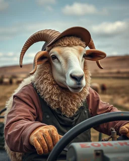 portrait with the head of a mechanic with a hybrid mixed body part sheep, working on an old land rover in the countryside