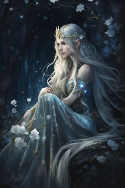 Elven princess,elven crown,long blonde golden hair,rapunzel hair,ice flowers,beautiful,light blue,dark blue,golden armor,sparkle,glitter,ice flowers,snow,elven ears,dark fairy princess