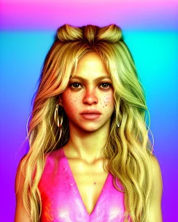 portrait, Shakira, blonde artist, Realistic image, drinking a strawberry milkshake, pink line make-up, sweat, fog, goddess style, Neon colors, leds. Color background, photo studio, concept art, smooth, unreal engine 5, god lights, ray tracing, RTX, lumen lighting, ultra detail, volumetric lighting, 3d, finely drawn, high definition, 4k.