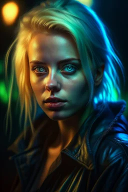 hyper real oil painting of blonde cyberpunk Malkavian vampire portrait with clear blue-green eyes in spotlight feeling in control, zeiss prime lens, bokeh like f/0.8, tilt-shift lens 8k, high detail, smooth render, down-light, unreal engine, prize winning