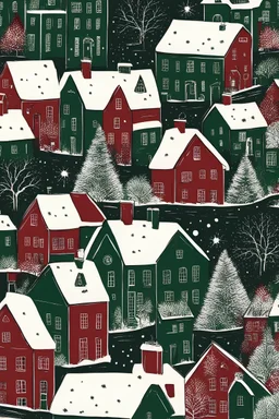 christmas enviroment, dark colours, green, red, white, houses and snow, starry night, scetch style