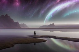 Person seeing a Magic infinite mirror in the misty lagoon, that reflects galaxy, misty landscape