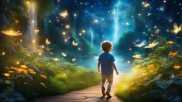 Un beau petit garçon erre dans son monde imaginaire enchanté, Parmi les merveilles, qu'il adore explorer. Nuit enchantée, plantes magiques, fontaines de lumière, lucioles dansantes, fées lumineuses. Ses rêves sont vastes, pleins de beauté, Chaque instant est un nouveau bonheur. Dans son univers, tout est merveilleux, Un monde imaginaire, tendre et lumineux. Bel éclairage, composition attrayante, photoréaliste, extrêmement détaillée, clair-obscur, règle des tiers.