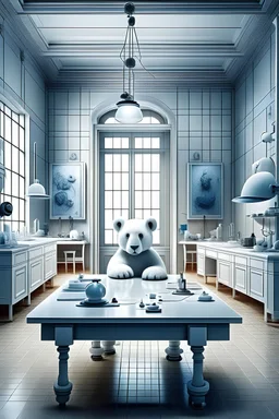 A pure white laboratory/operating room with a mix of medieval, scientific, and magical tech. Keep the first image and add a panda bear lying on the table wearing half a mask