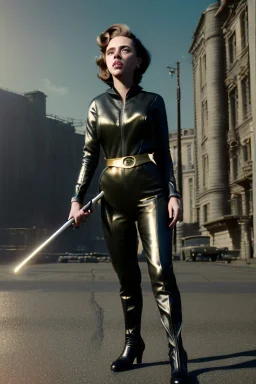 retro portrait image from 1960, city background, wind, long hair, young Scarlett Johansson, classic black tight lycra suit, metal stick weapon, gold bracelet and belt, high heel boots, soft color, highly detailed, unreal engine 5, ray tracing, RTX, lumen lighting, ultra detail, volumetric lighting, 3d, finely drawn, high definition, high resolution.