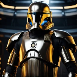 star wars bald male corellian pilot wearing pearlescent black and gunmetal grey First Order special forces heavy assault armor and helmet with gold trim inside the jedi temple, centered portrait, hyperdetailed, dynamic lighting, hyperdetailed background, 8k resolution, volumetric lighting, light skin, fully symmetric details